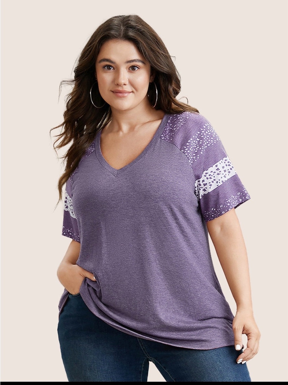 BloomChic Purple V-Neck Tee with Floral Sleeve Stripes size 1X (14-16)